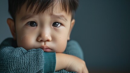 Wall Mural - A young child with a contemplative expression resting their chin on their hand wearing a blue sweater.