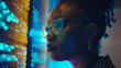 Inclusive image of a black female IT developer working on computer in dark office, created with Generative AI. African american cyber security analyst detecting artificial intelligence threats