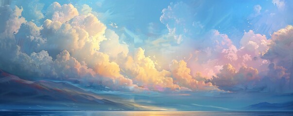 Surreal soft vista of a beautiful mountain sea spectacle, azure sky and a few floating white clouds with a sunset Generative Ai 