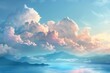 Surreal soft vista of a beautiful mountain sea spectacle, azure sky and a few floating white clouds with a sunset Generative Ai 
