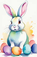 Wall Mural - Easter bunny with colored eggs on white background. Watercolor painting