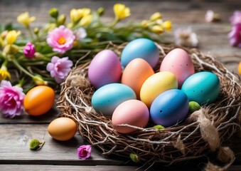 the decoration Happy Easter concept, colorful decoration eggs on the nest, the spring flowers around the nest. all of them on the wood background