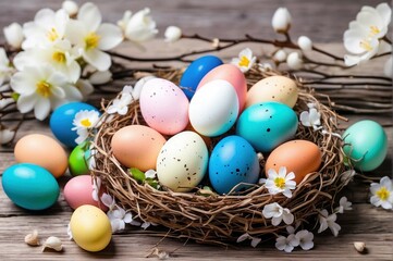 the decoration Happy Easter concept, colorful decoration eggs on the nest, the spring flowers around the nest. all of them on the wood background