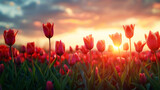 Fototapeta Tulipany - field of tulips in the background of the sunse