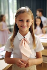 Wall Mural - A young girl wearing a pink tie in a classroom. Suitable for educational and school-related projects