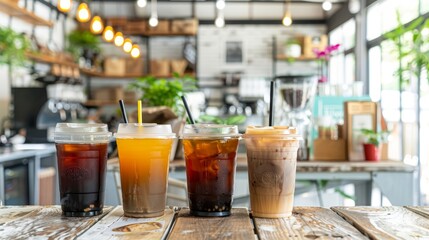 Assorted tapioca bubble teas on blurred coffee shop background, space for text, beverage concept.