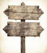 a wooden signpost with three directional points showing the way, in the style of pulled, scraped, and scratched, white background сreated with Generative Ai