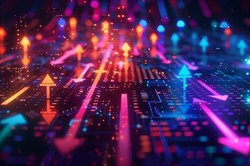 Wall Mural - computer circuit board, with orange and blue arrows pointing forward and up, rising, tech background