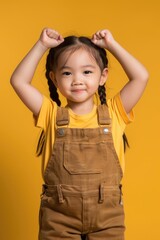 Wall Mural - A young girl wearing a yellow shirt and brown overalls. Ideal for family and children-related designs