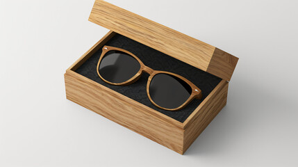 sunglasses on a wooden box mock up isolated on white background, concept of description sunglasses