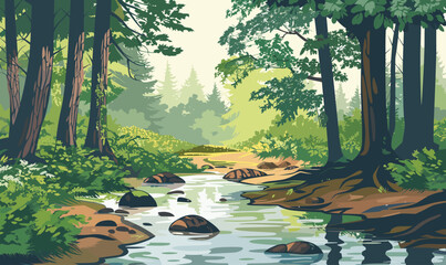 A stream of river creek flowing across a dense green forest, vector illustration