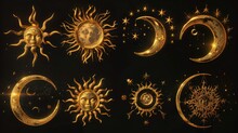 Beautiful Collection Of Golden Sun And Moon Illustrations, Perfect For Celestial-themed Designs