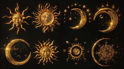 Wall Mural - beautiful collection of golden sun and moon illustrations, perfect for celestial-themed designs