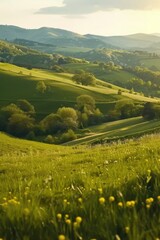 Wall Mural - A scenic view of a green grass field with trees and hills in the background. Suitable for nature and landscape themes