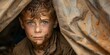 A somber gaze on the face of a young orphan boy in a refugee camp. Concept Portrait Photography, Emotional Depiction, Humanitarian Storytelling