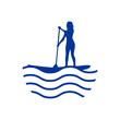 © teracreonte - Logo club de paddle surf. Silueta de mujer de pie en tabla de paddle surf con remo con olas de mar