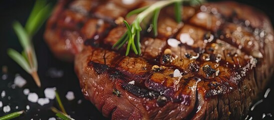 Poster - This close-up showcases a mouthwatering beef steak grilled to perfection, seasoned with salt, pepper, and flavorful herbs, resting on a clean white plate. The steaks juices glisten under the light