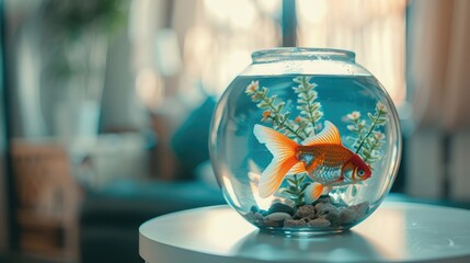 Wall Mural - Beautiful bright small goldfish in round glass aquarium on white table indoors. Space for text