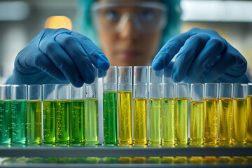 Scientist with blue gloves is working with test tubes. Selective focus. Copy space. Medical research concept. 