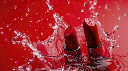 close-up on two red lipsticks in splashes of water on a red background