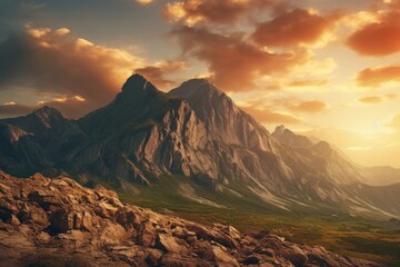 Canvas Print - Majestic mountain range silhouetted against a colorful sunset. Perfect for travel and nature concepts