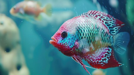 Wall Mural - Flowerhorn Cichlid Colorful fish swimming in Aquarium deep blue freshwater fish tank. Flower horn fishes are ornamental fish that symbolizes the luck of feng shui in the home of the Asian people