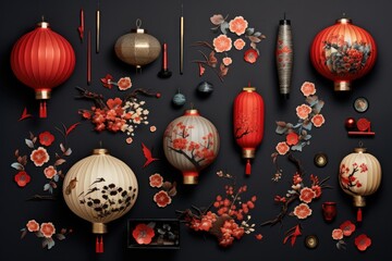 Canvas Print - Colorful oriental paper lanterns on a black background, suitable for various festive occasions