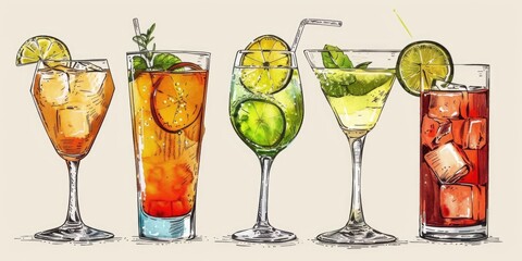 Wall Mural - A drawing of different cocktails, perfect for menu designs