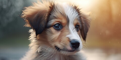 Poster - A small brown and white dog sitting in the rain. Suitable for pet care or weather-related concepts