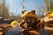 a frog in water with leaves