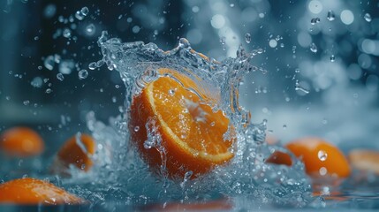 Wall Mural - Orange fruit being dropped into water, suitable for food and drink concepts