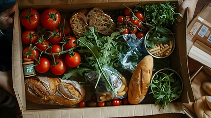 Wall Mural - A box filled with various food items, including bread, tomatoes, and greens.