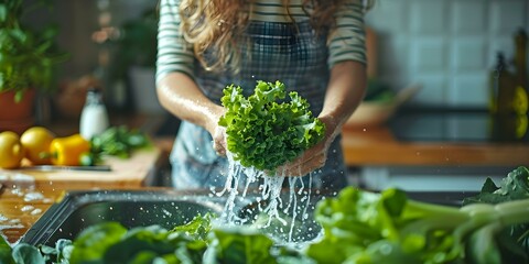 Woman washing green vegetables in kitchen sink at home. Concept Home Cooking, Healthy Eating, Kitchen Chores, Food Preparation, Domestic Lifestyle