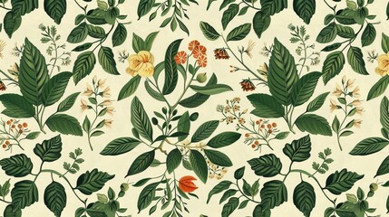  Hand-drawn botanical illustrations arranged in a repeat pattern, exuding a vintage and nostalgic charm.