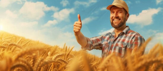 Poster - A man in a wheat field stands smiling, giving a thumbs up gesture. He is surrounded by ripe wheat plants, showcasing an agricultural setting.