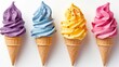 Colorful ice cream in waffle cones isolated on white background.