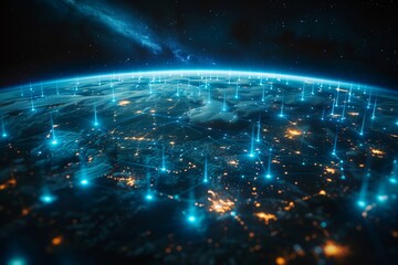 Wall Mural - A stylized futuristic view of cyberpunk Earth from space with blue networking lines spreading across the planet.
