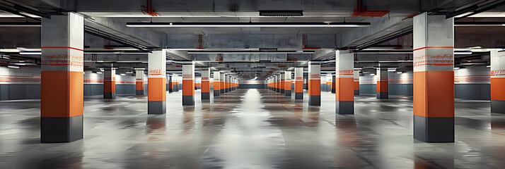 Wall Mural - Empty shopping mall underground parking lot or garage interior with concrete stripe painted columns created by generative AI
