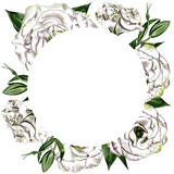 Frame of flowers. White roses, eustoma and lisianthus.