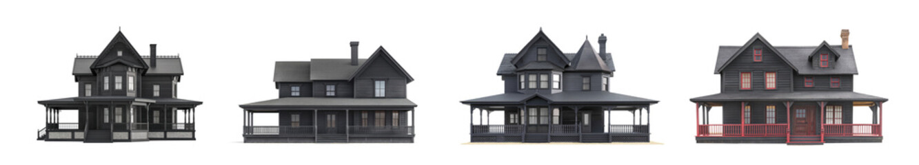 Old black wood house collection isolated on a white background. Antique vintage house set. Wooden two story house with porch. Victorian, Edwardian, historical. Abandoned mansion. Rural house.