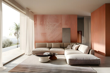 Sticker - modern minimalist living room, trendy powdery, terracotta wall color, interior design, color palette