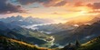 Fantasy landscape with mountain lake and forest at sunset