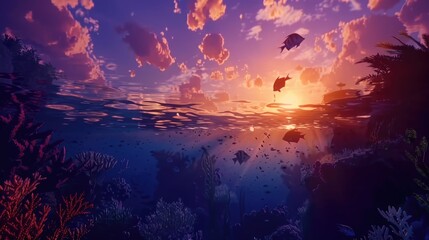 Wall Mural - A lively coral reef scene at dusk, with the fading sunlight casting a gentle glow over the reef and silhouettes of fish swimming above, capturing the tranquil yet vibrant life beneath the waves. 8k
