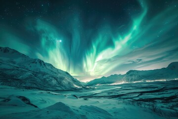 Wall Mural - A breathtaking view of the Northern Lights dancing over snow-covered mountains, under a starry winter night sky. 8k