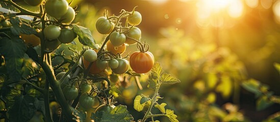 A close-up view of a cluster of ripe tomatoes growing on a green plant in the warm summer sun.