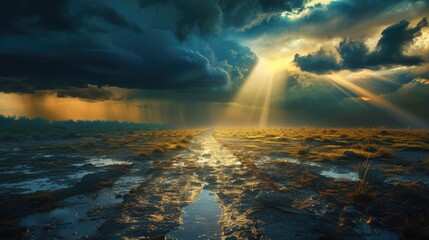 Poster - A path through a devastated landscape is illuminated by sunlight as rays of the clear, calm sky are visible through a break in the storm clouds. 