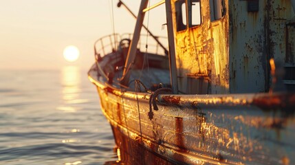 Wall Mural - A close-up of a fishing boat at sea, with the setting sun casting a warm glow on its weathered sides, and the calm ocean waters glowing softly under the evening light. 