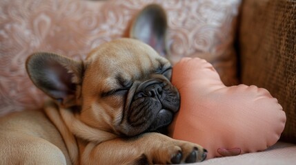 Wall Mural - A close-up of a French bulldog puppy sleeping with its head resting on a small, heart-shaped light pink pillow