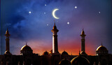 Fototapeta Las - Ramadan Kareem background.Crescent moon at a top of a mosque.Islamic greeting  Eid Mubarak cards for Muslim Holidays.Eid-Ul-Adha festival celebration