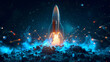 Startup team launching rocket with blockchain technology blue flame trail